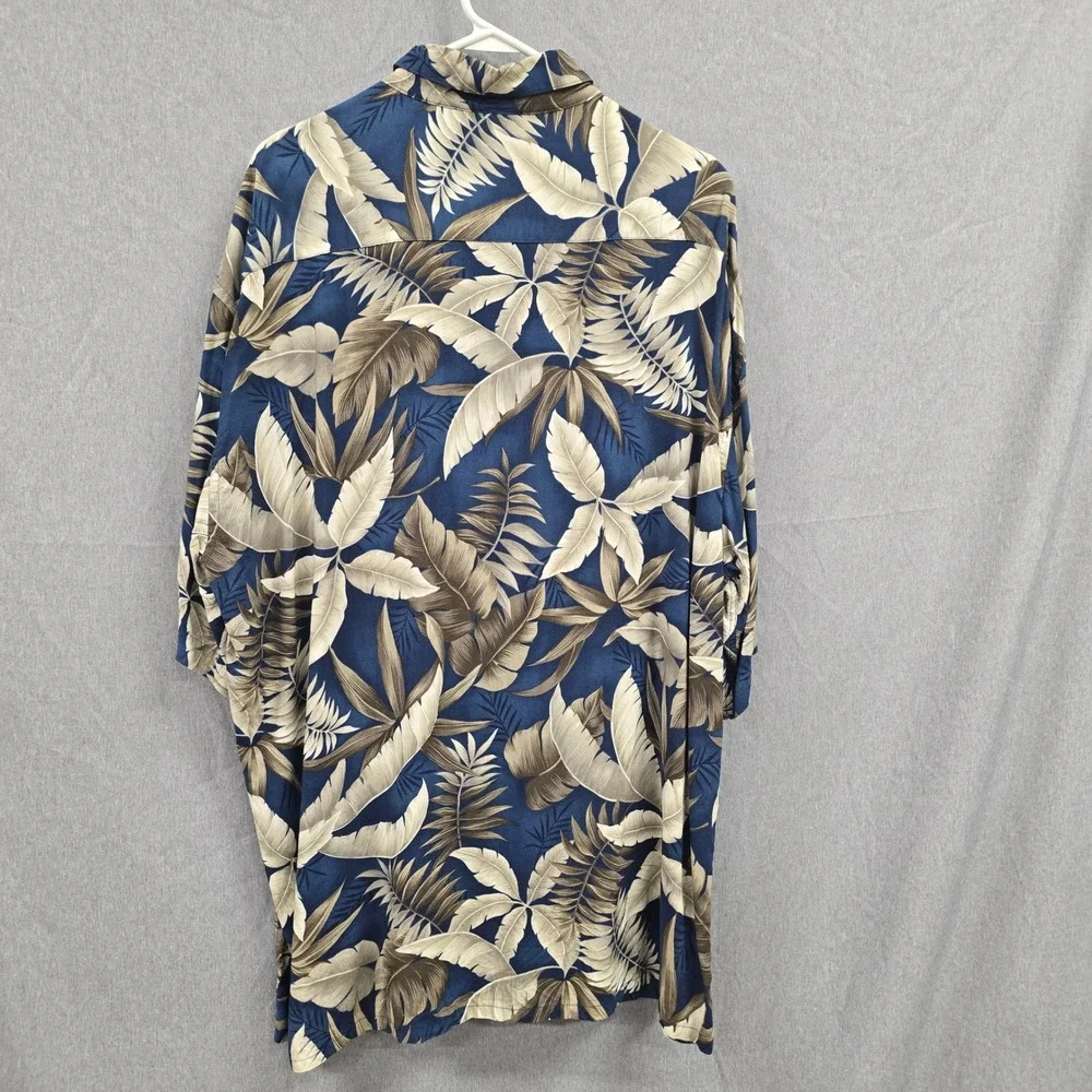 Pierre Cardin Mens XXL Tropical Palm Leaf Rayon Button Down Shirt Navy Blue‎ Tan